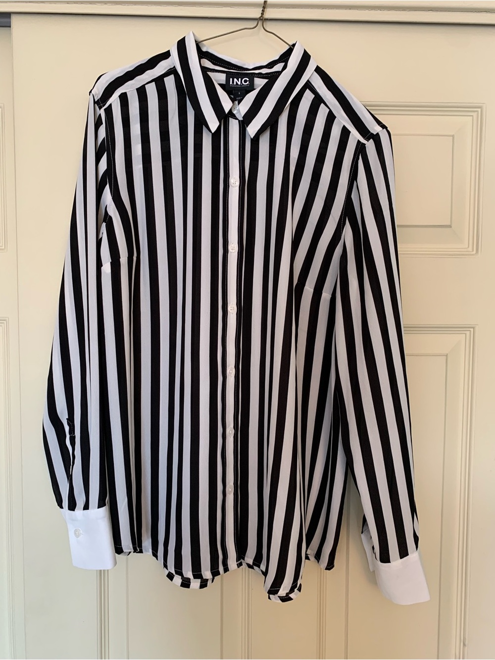 INC Striped Chiffon Button Down Blouse Women L Black White